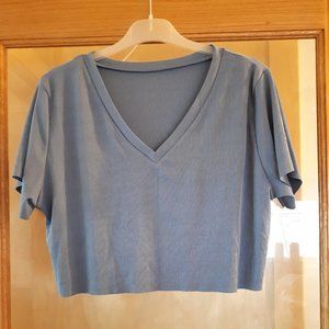 Shein Short Sleeve Cropped Ribbed V-Neck Raw Edge Top - Light Blue - Large